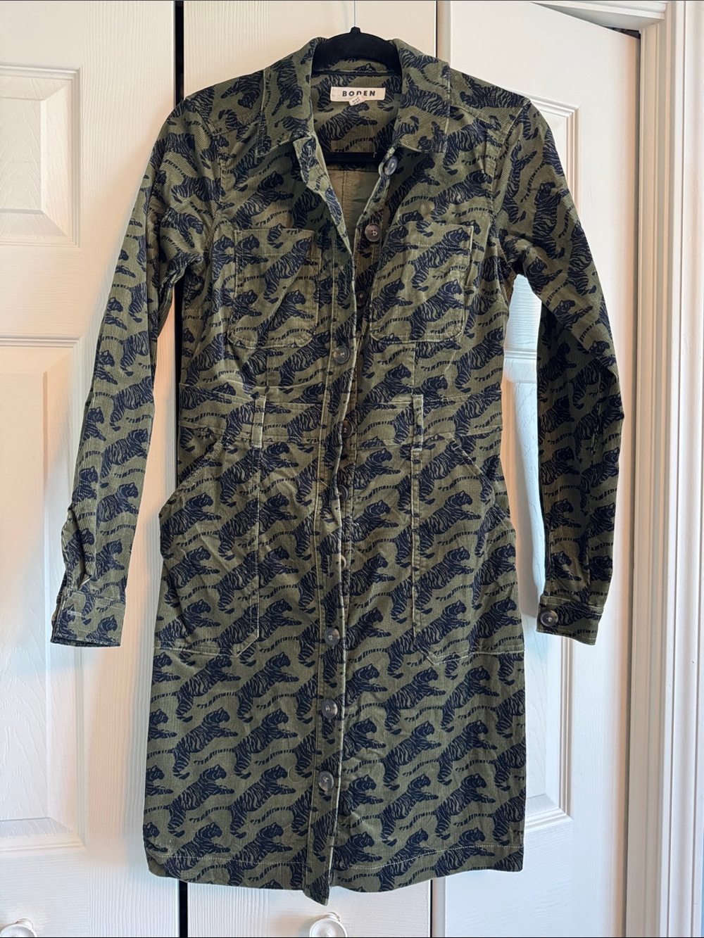 Boden Olive & Black Corduroy Tiger-Print dress